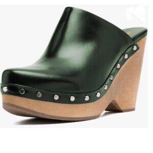 FYS Dark Green Round Toe Slip on Mule Rivet Studded High Heel Wedges Dressy Shoe